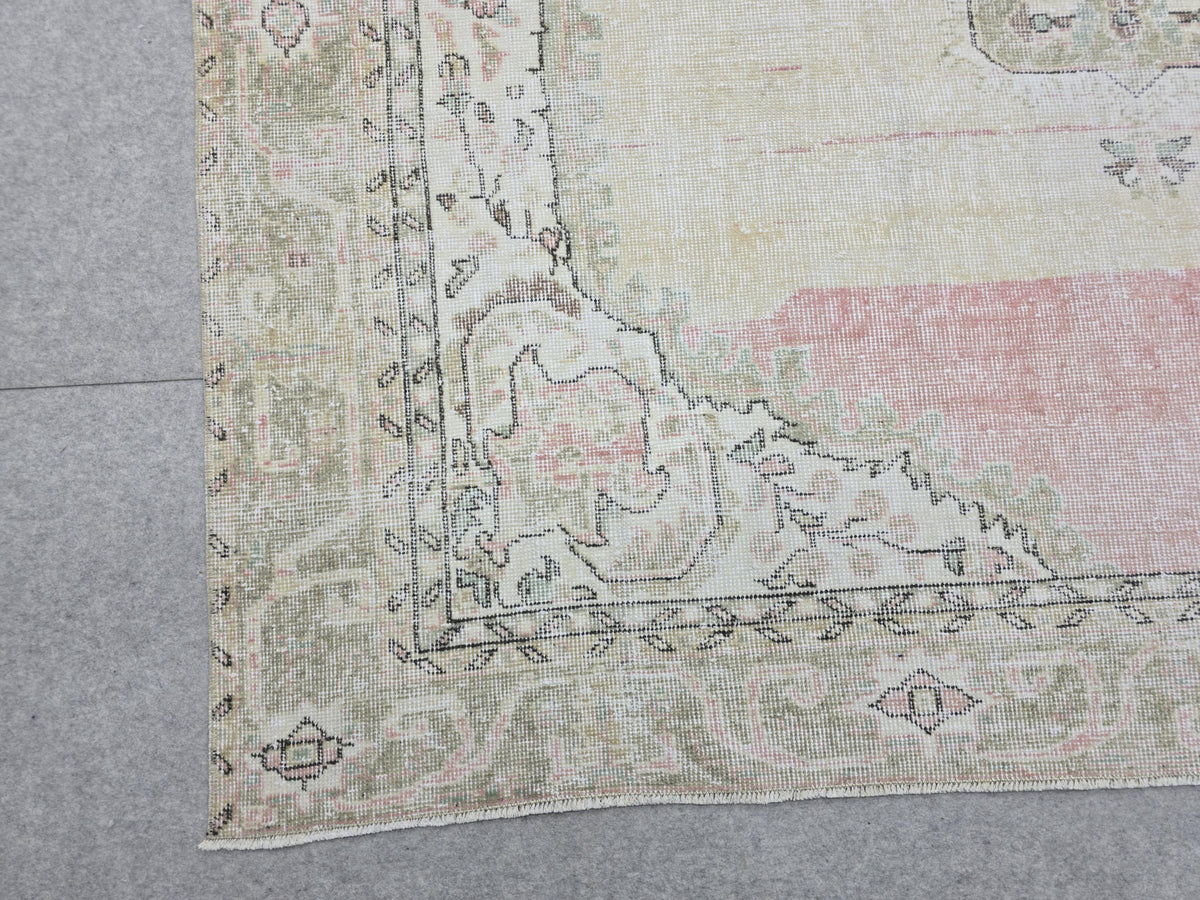 Oushak Rug 7x10, Neutral Beige Turkish Wool Carpet, Vintage Hand Knotted Area Rug for Living Room, Muted Medallion Isparta, Farmhouse Decor