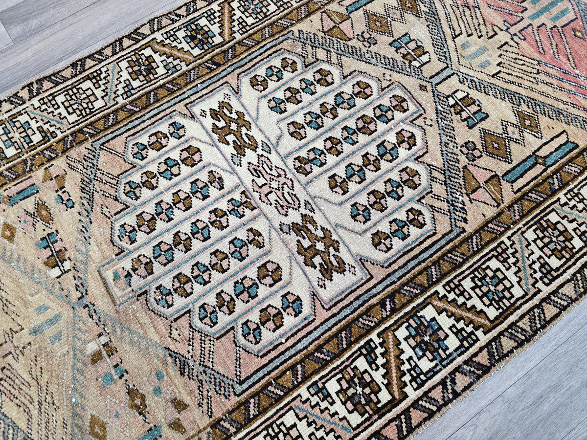Wide Turkish Wool Runner Rug: Hand Woven Vintage Hallway Rug (3.14x10.35 ft)