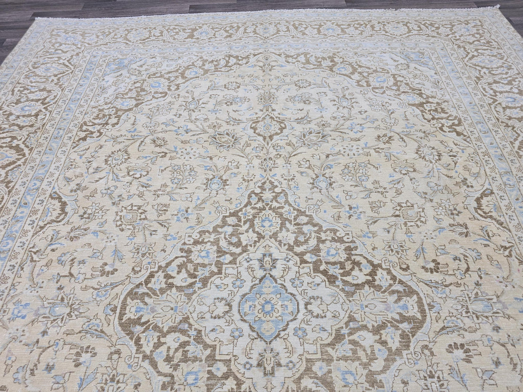 Vintage Oushak Rug 9x12: Handmade Wool, Blue Beige Floral Medallion