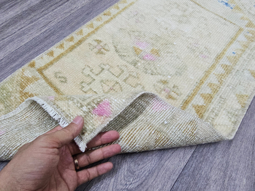 Vintage Turkish Oushak Doormat Bath Mat Neutral - 15x33 inches