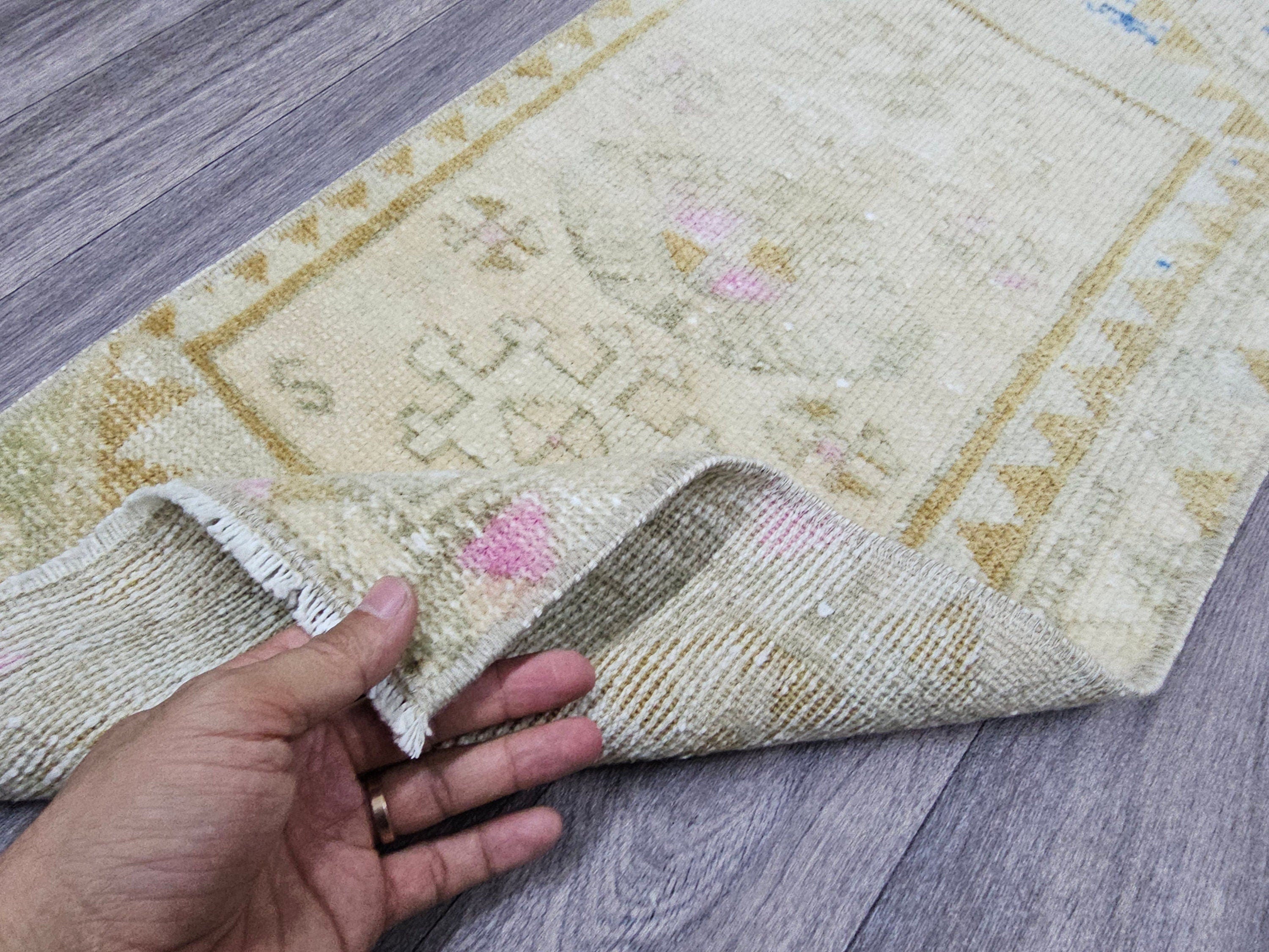 Vintage Turkish Oushak Doormat Bath Mat Neutral - 15x33 inches