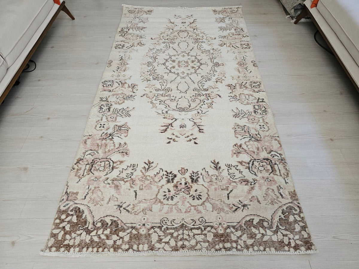 4x8 Vintage Wool Oushak Rug: Turkish Bedroom Decor