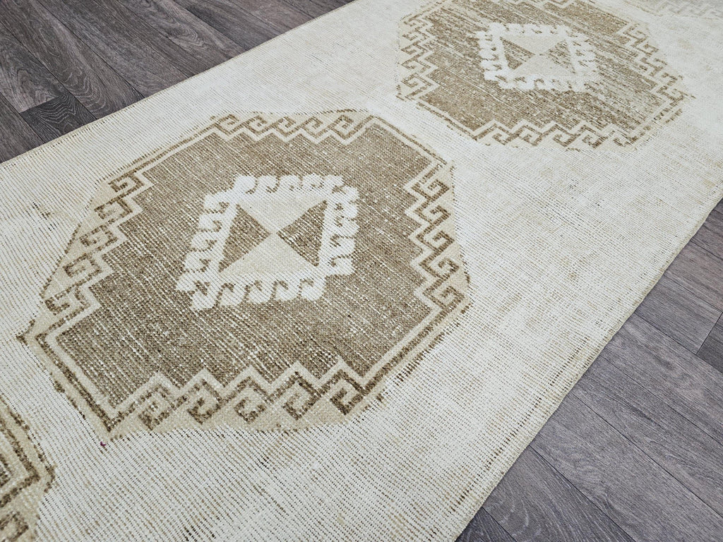 Vintage Hand-Knotted Wool Runner Rug: 3x10.5 ft Beige Brown Oriental