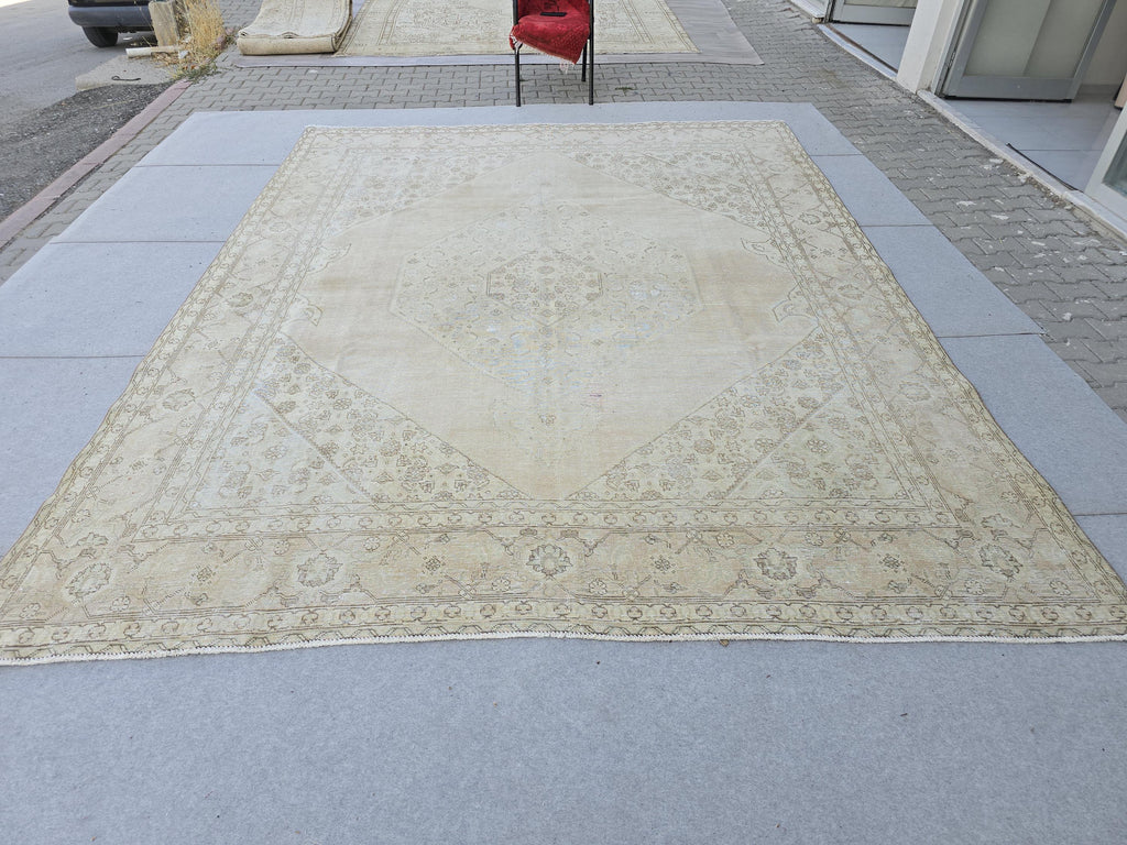 Oversized Blush Vintage Turkish Rug: 9x12 Neutral Wool Area Rug