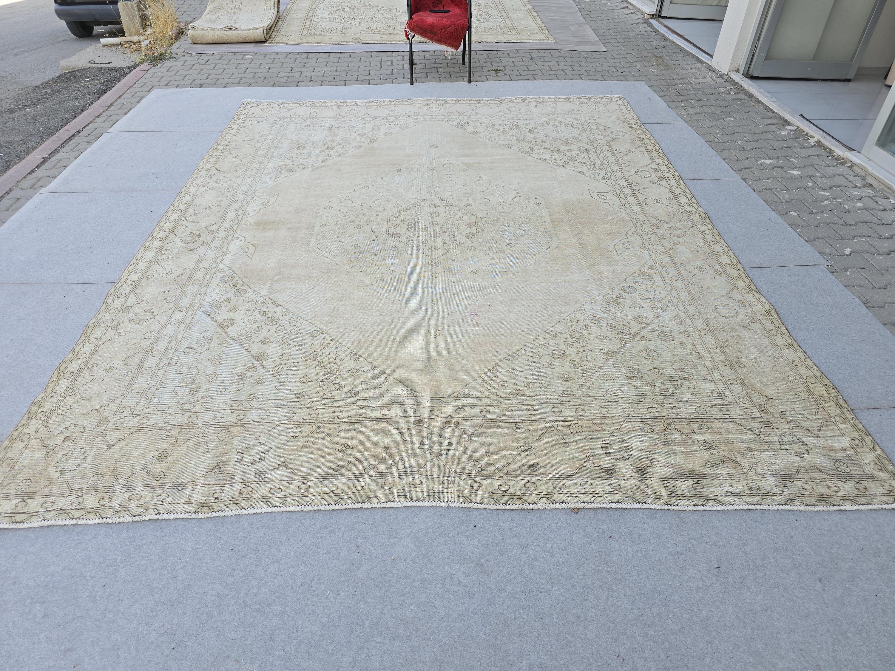 Oversized Blush Vintage Turkish Rug: 9x12 Neutral Wool Area Rug