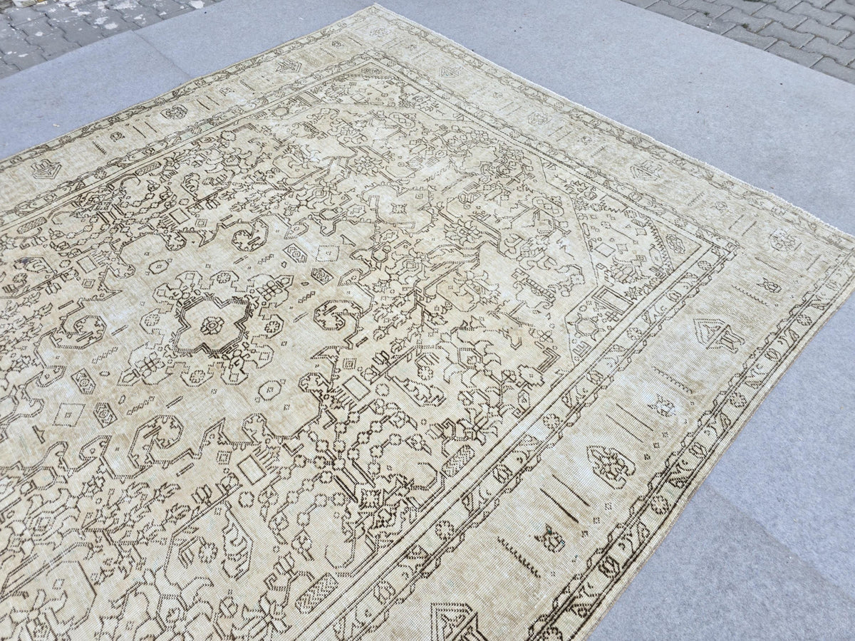 Oushak Rug 8x11, Antique Turkish Carpet, Ivory Brown Wool Rug, Hand Knotted Floral Area Rug, Neutral Dining Room Rug, Boho Decor Rug,