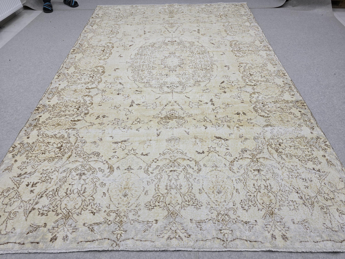 7x10 Oushak Rug Neutral Beige | Vintage Turkish Wool Medallion | Cream Living Room Carpet