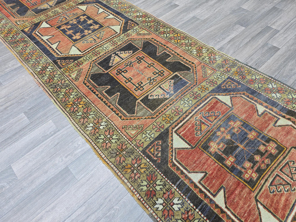 Vintage Turkish Runner Rug: Handknotted Wool Hallway Carpet, 3.4x11.5 ft