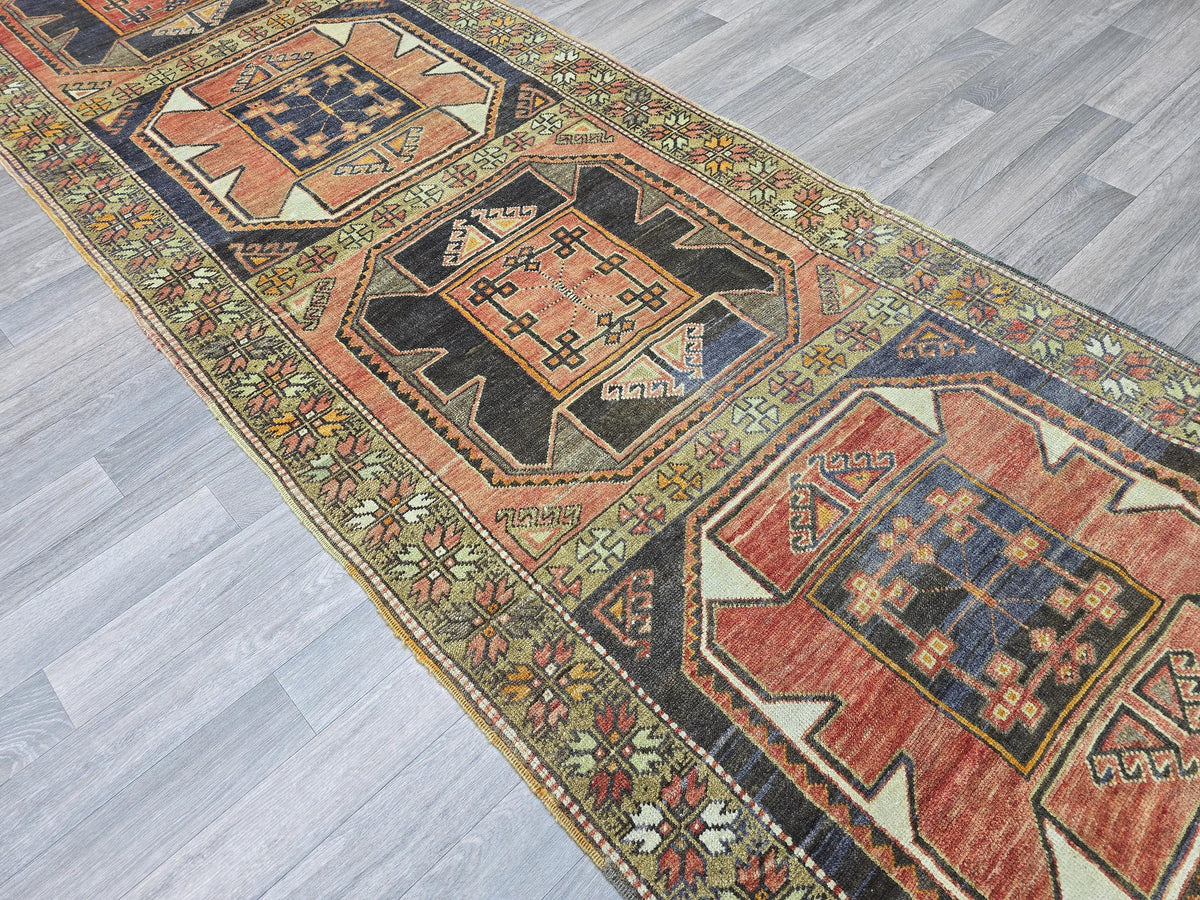 Vintage Turkish Runner Rug: Handknotted Wool Hallway Carpet, 3.4x11.5 ft