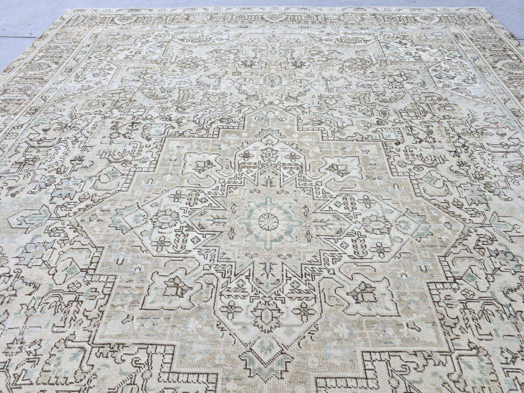 Oushak Rug 9x12:  High Quality Neutral Vintage Turkish Wool Area Rug 9.35x12.15 ft.