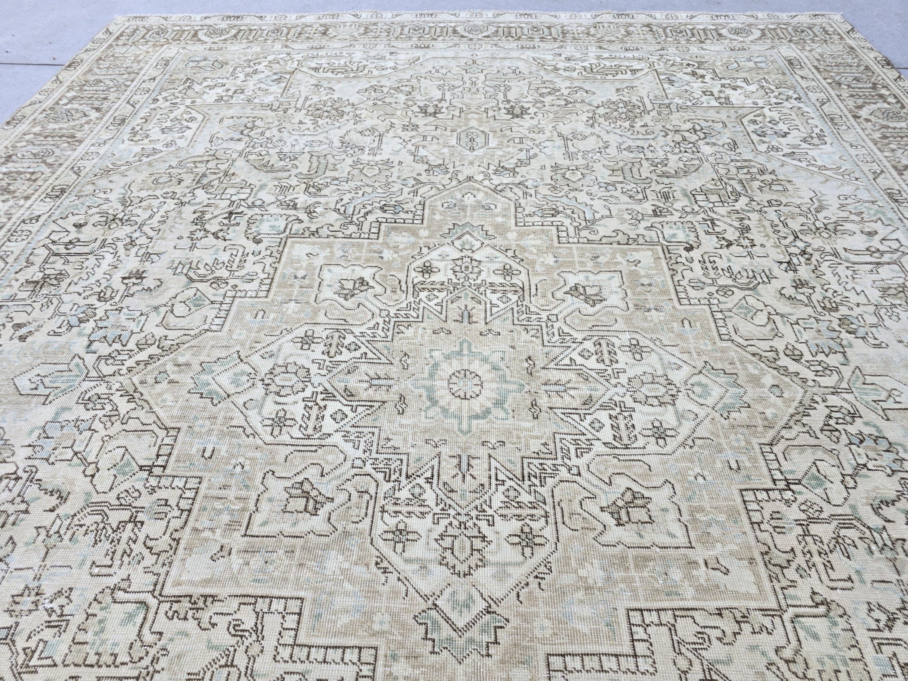 Oushak Rug 9x12:  High Quality Neutral Vintage Turkish Wool Area Rug 9.35x12.15 ft.