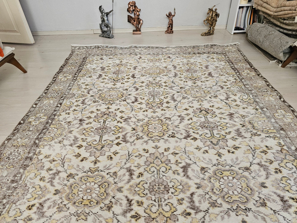 5x8 Oushak Vintage Cream Floral Design Wool Turkish Rug - Handmade Wool Oushak Carpet // 5.35x8.30 feet