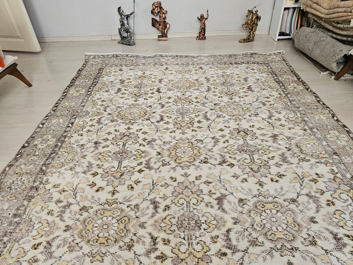 5x8 Oushak Vintage Cream Floral Design Wool Turkish Rug - Handmade Wool Oushak Carpet // 5.35x8.30 feet