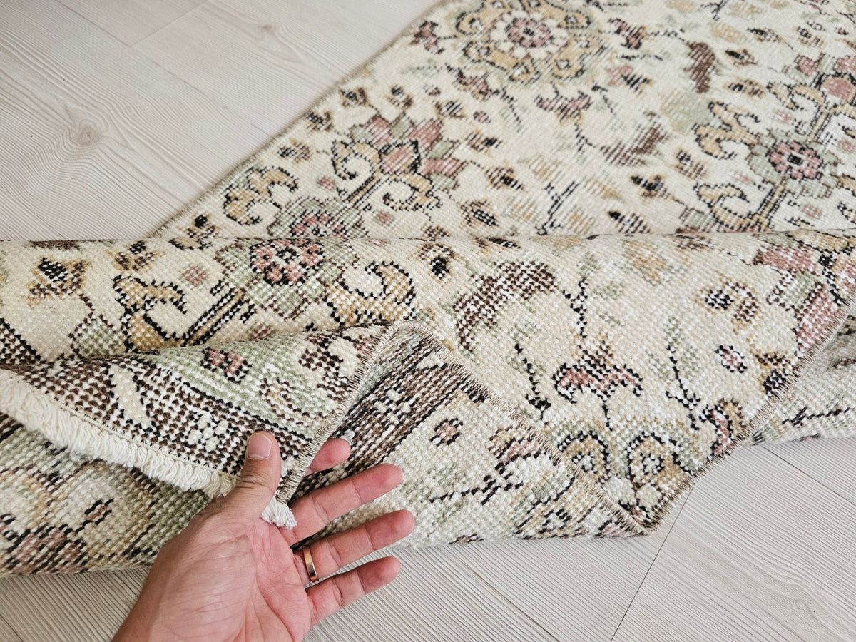 Hand Knotted Wool Runner Rug: 2x10 Vintage Floral Oushak Design