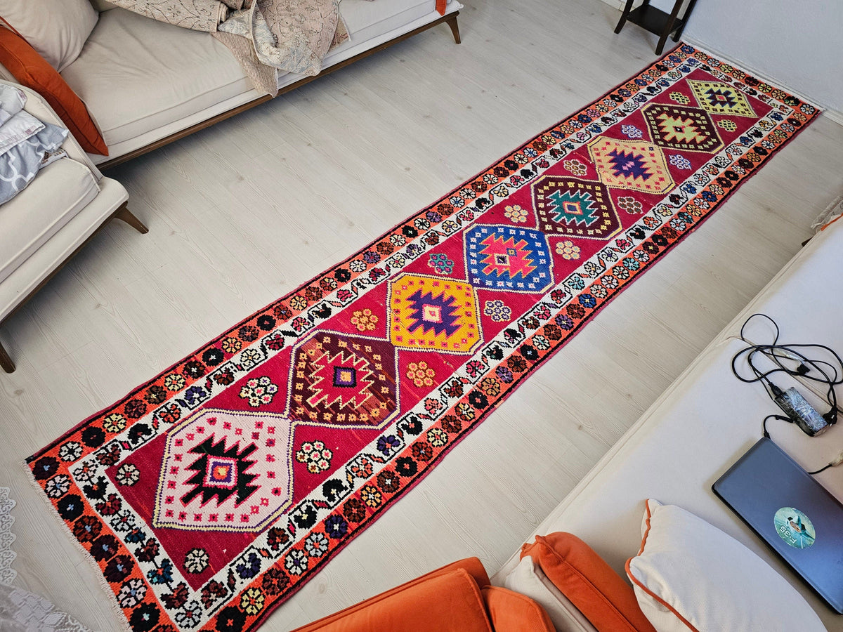 3x13 Vintage Herki Wool Colorful Runner -  2.8x12.8 feet