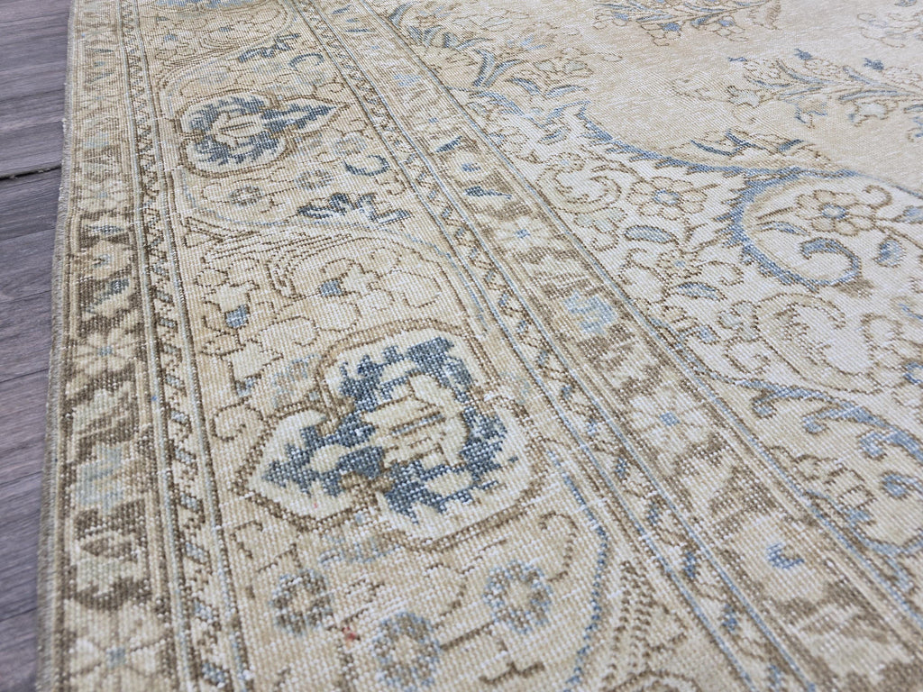 Vintage Turkish Oushak Rug: 10x13 Beige & Blue Handknotted Wool Carpet