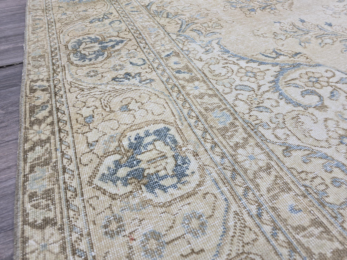Vintage Turkish Oushak Rug: 10x13 Beige & Blue Handknotted Wool Carpet