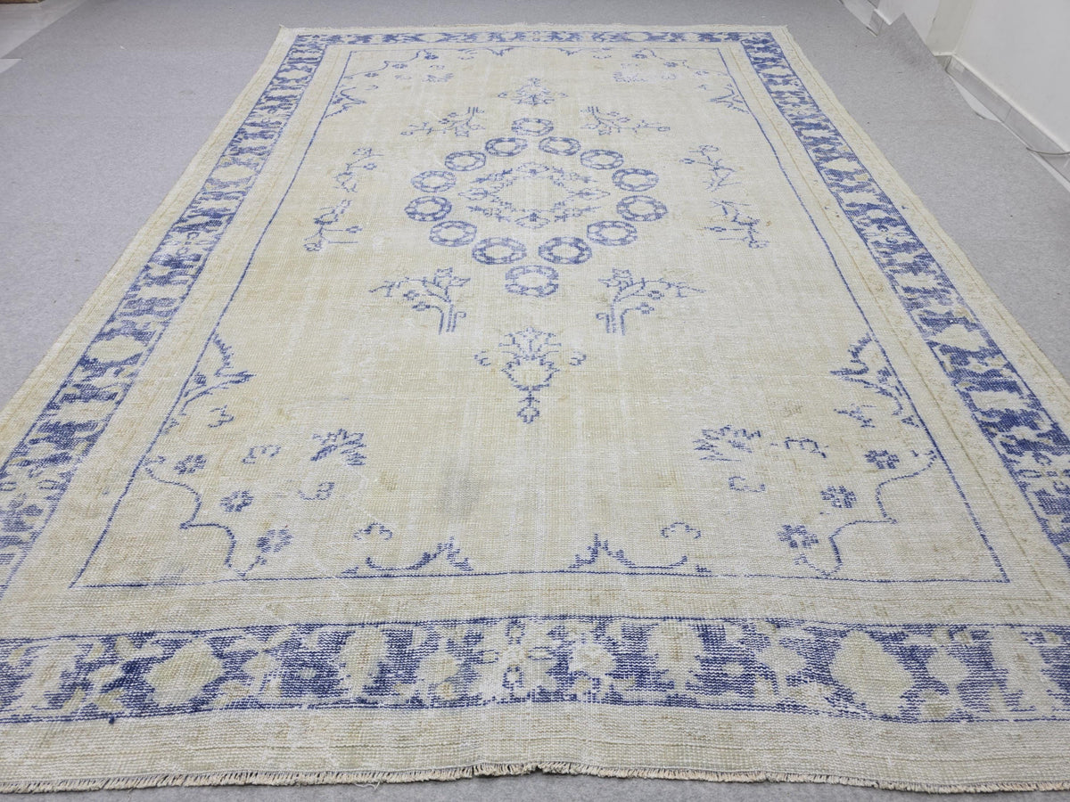 8x11 ft Hand-Knotted Turkish Oushak Rug: Neutral Wool Saloon Carpet Beige Blue
