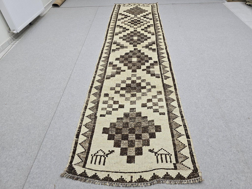 Vintage Rug Runner 3x11 | Neutral Cream Brown Tribal Hallway Carpet | Hand Knotted Wool Turkish Runner