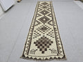 Vintage Rug Runner 3x11 | Neutral Cream Brown Tribal Hallway Carpet | Hand Knotted Wool Turkish Runner