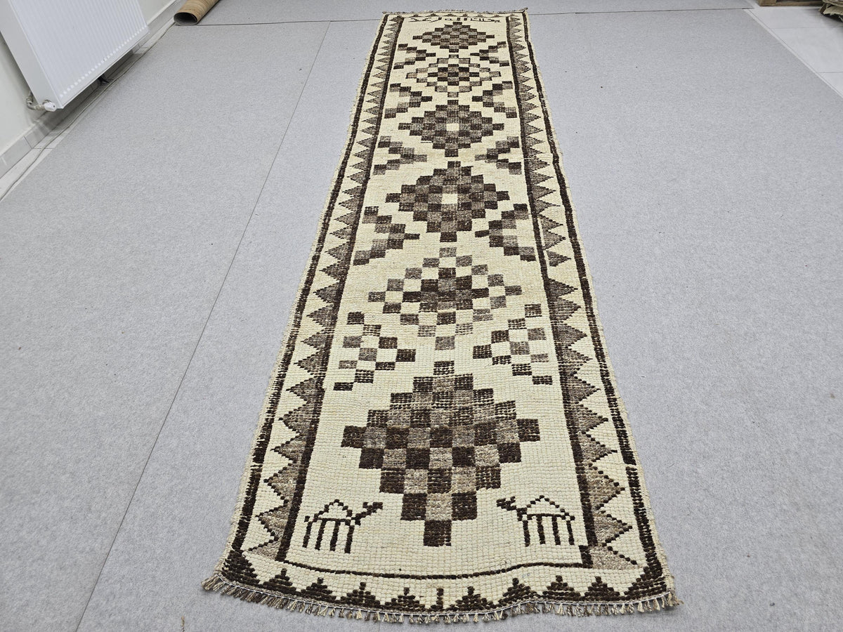 Vintage Rug Runner 3x11 | Neutral Cream Brown Tribal Hallway Carpet | Hand Knotted Wool Turkish Runner