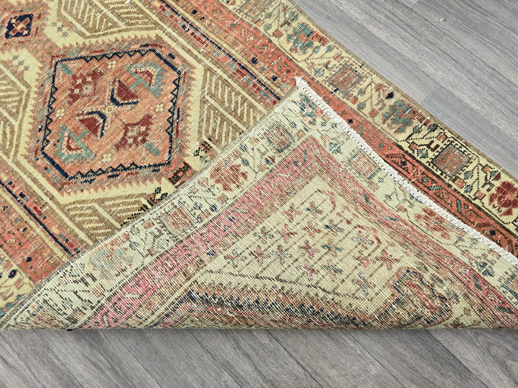 Vintage Heriz Runner Rug: Hand-Knotted Pastel Geometric Hallway Rug