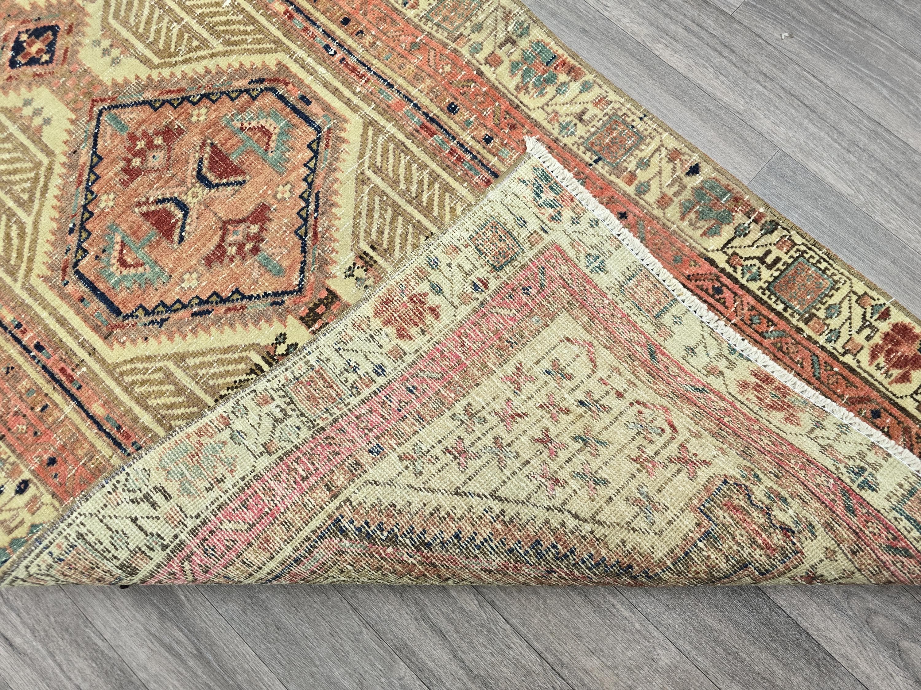 Vintage Heriz Runner Rug: Hand-Knotted Pastel Geometric Hallway Rug