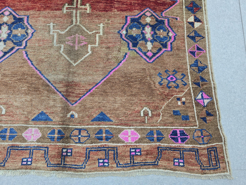 Turkish Oushak Rug 5x13, Vintage Wide Runner Rug, Hand Knotted Wool Kars Rug,  Anatolian Hallway Rug, Brown Red Boho Living Room Carpet