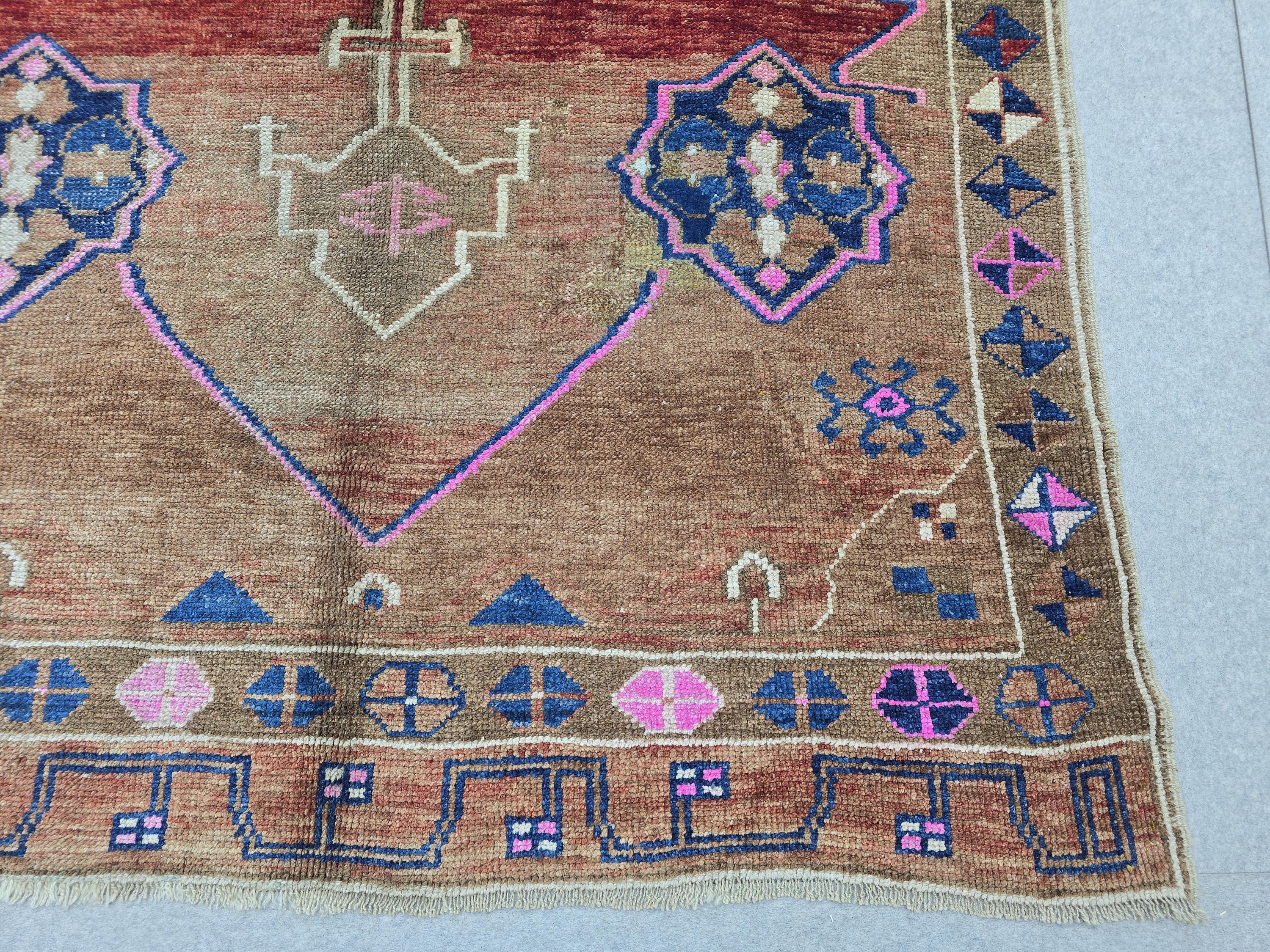 Turkish Oushak Rug 5x13, Vintage Wide Runner Rug, Hand Knotted Wool Kars Rug,  Anatolian Hallway Rug, Brown Red Boho Living Room Carpet