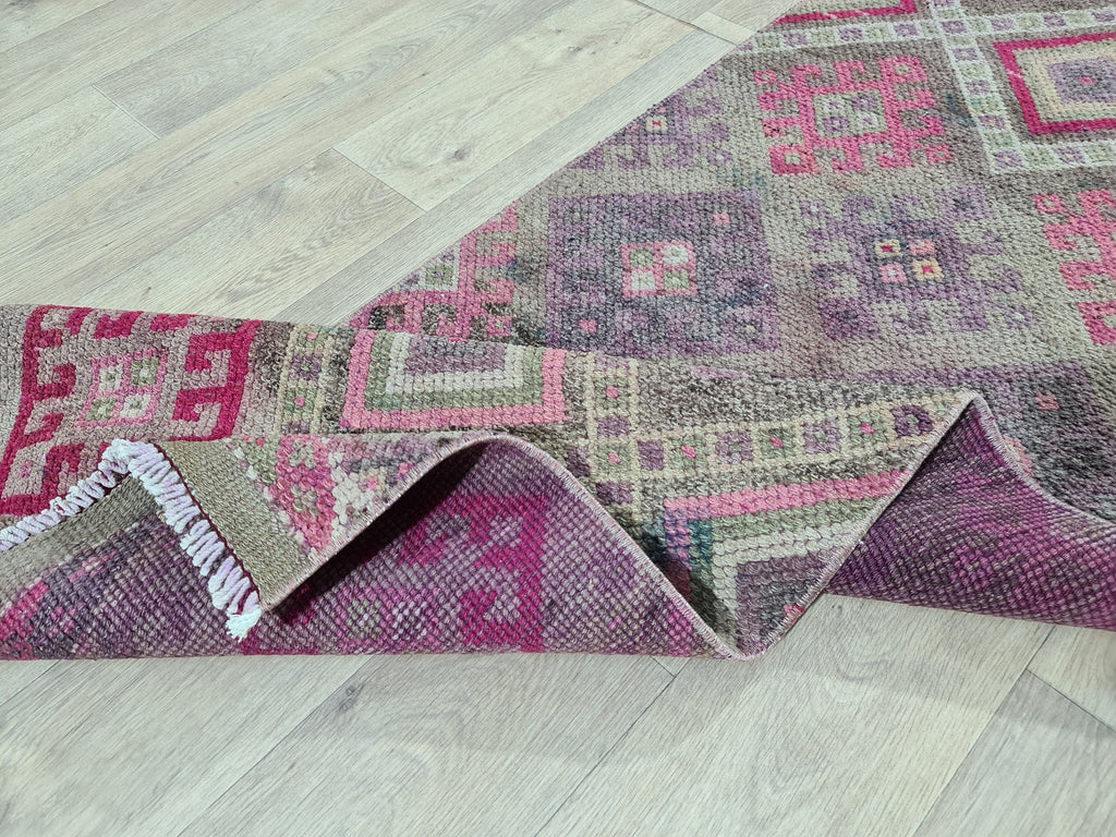 Hand Knotted Wool Herki Runner Rug: Vintage Turkish Hallway Rug