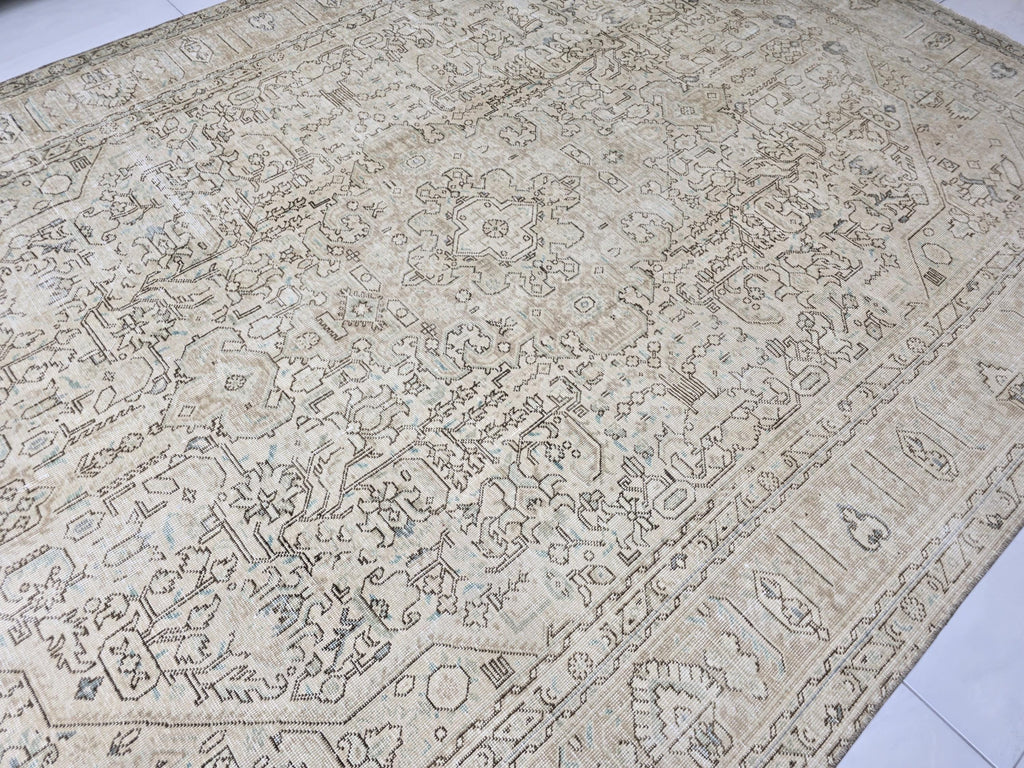 Oushak Rug 8x11, Faded Oatmeal Beige Turkish Area Rug with Soft Blue Accents, Hand Knotted Wool Carpet for Dining Room, Bedroom
