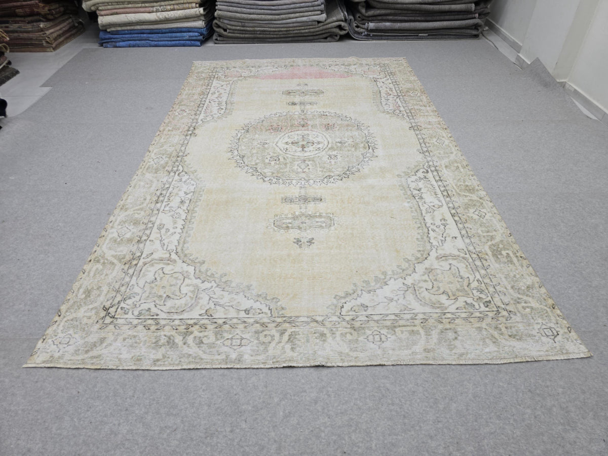 Oushak Rug 7x10, Neutral Beige Turkish Wool Carpet, Vintage Hand Knotted Area Rug for Living Room, Muted Medallion Isparta, Farmhouse Decor