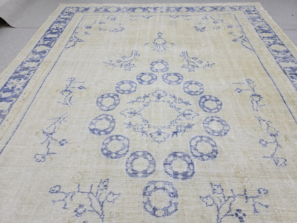 8x11 ft Hand-Knotted Turkish Oushak Rug: Neutral Wool Saloon Carpet Beige Blue