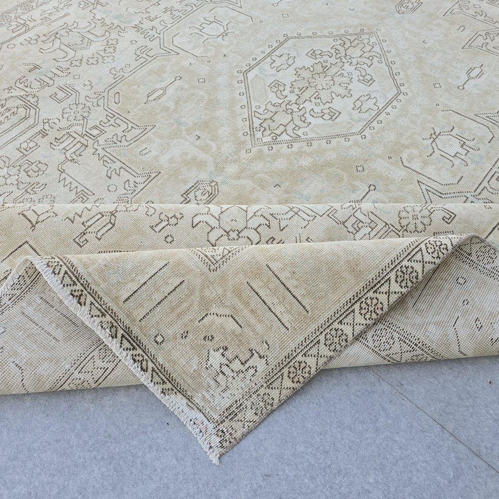 9x12 Beige Turkish Oushak Rug: Handwoven Vintage Wool Carpet