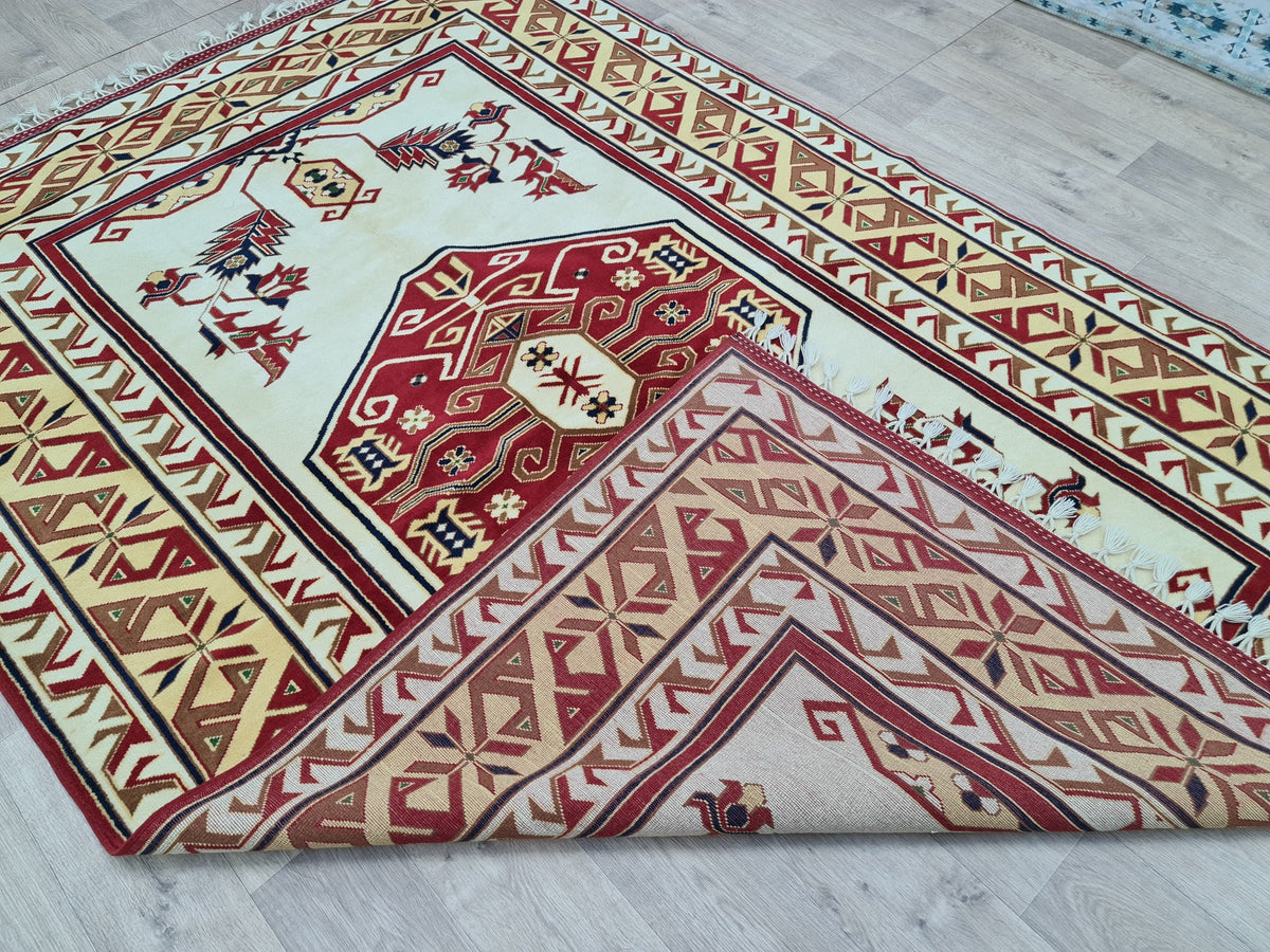 Hand Knotted Wool Rug: 6x9 Vintage Turkish Oushak Geometric Rug