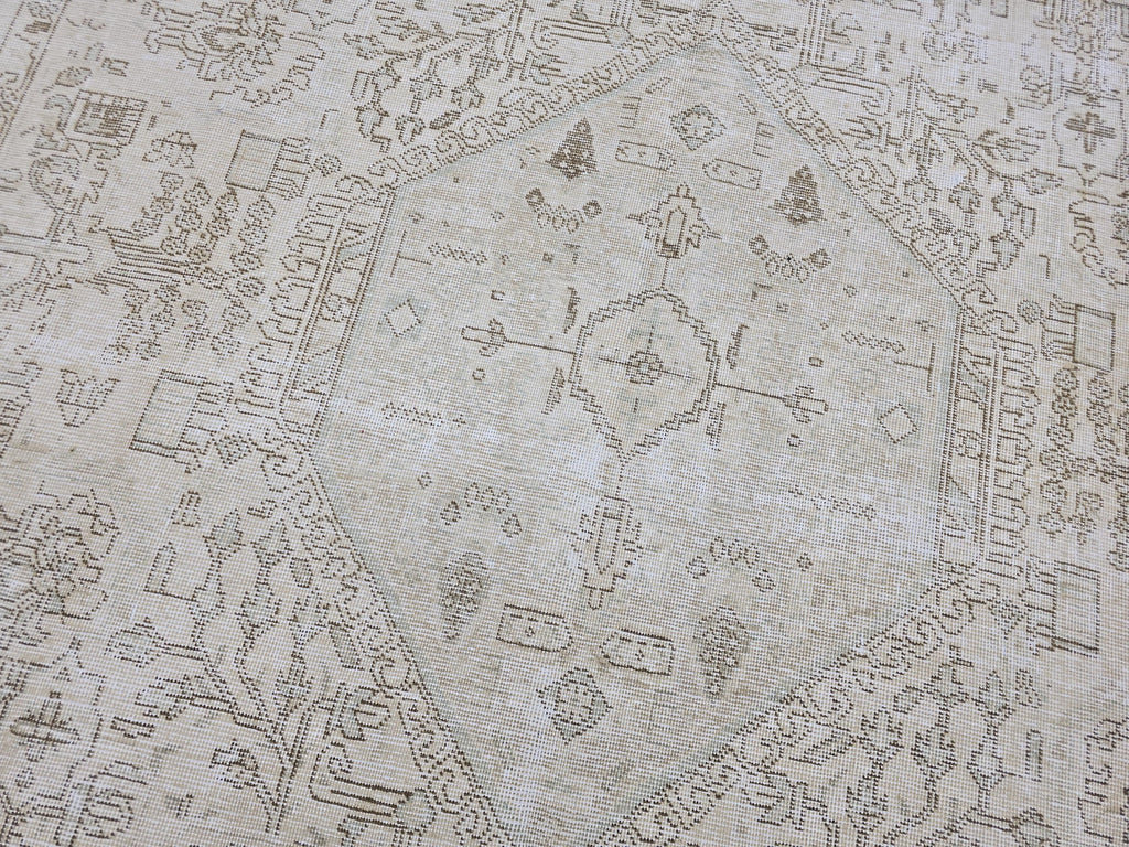 Oushak Rug 9x13, Muted Cream Beige Vintage Turkish Area Rug, Handknotted Wool Medallion Carpet for Living Room