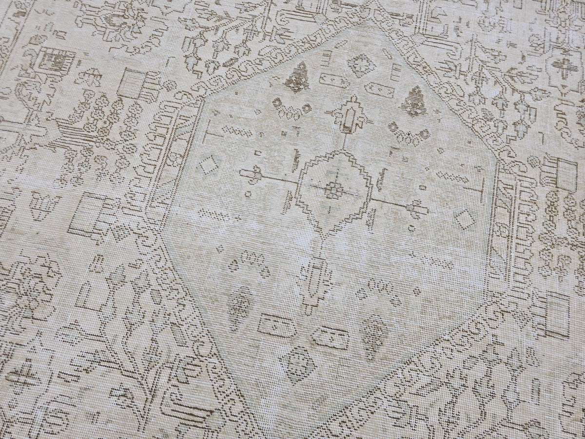 Oushak Rug 9x13, Muted Cream Beige Vintage Turkish Area Rug, Handknotted Wool Medallion Carpet for Living Room