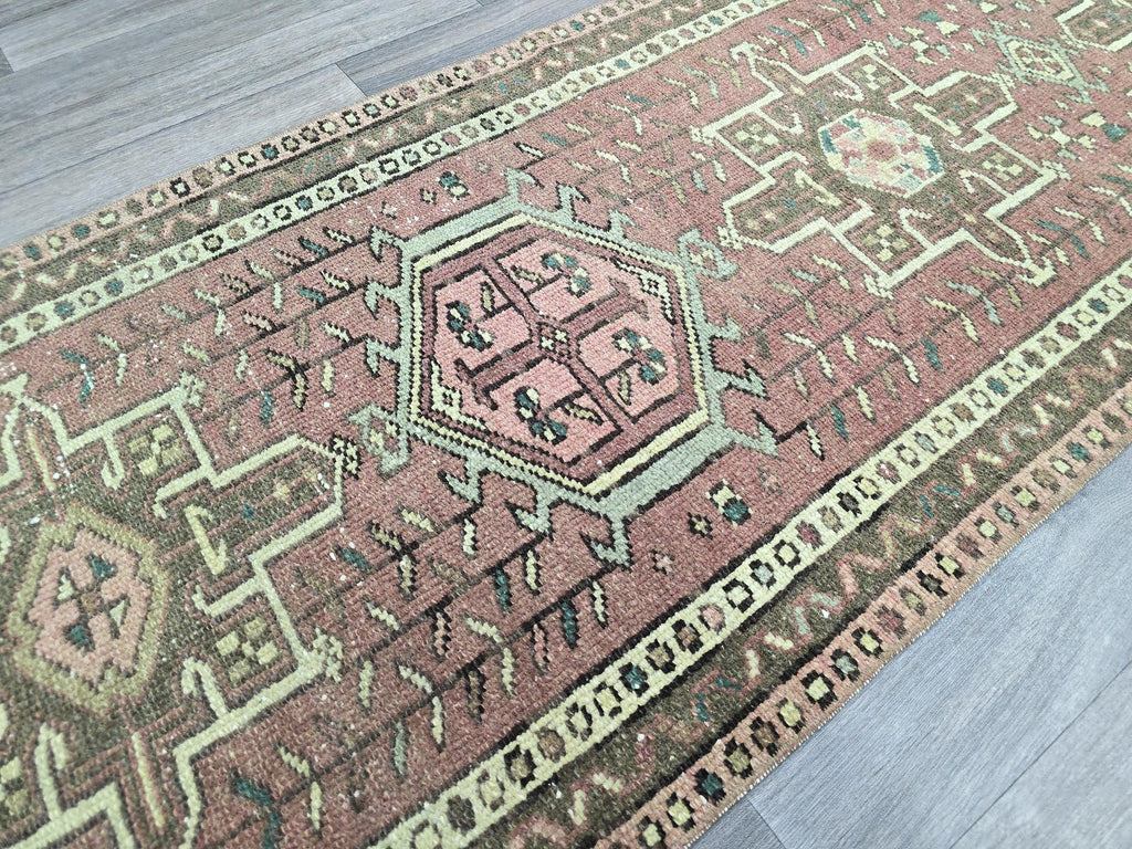 Hand Knotted Wool Heriz Runner Rug: 2.5x14 Long Anatolian Hallway Carpet