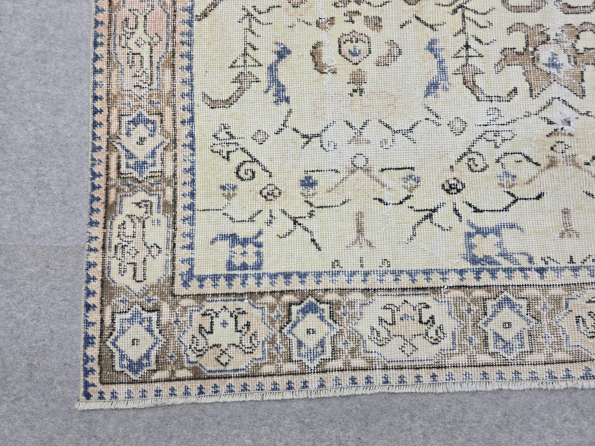 Vintage Turkish Oushak Rug 6x9, Hand Knotted Cream Blue Floral Carpet