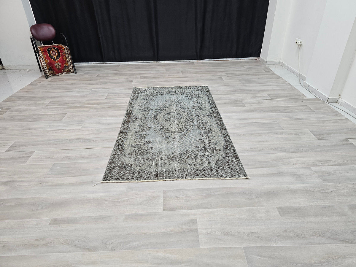 4x7 Overdyed Turkish Wool Rug: Floral Oushak Rug