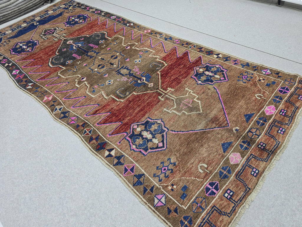 Turkish Oushak Rug 5x13, Vintage Wide Runner Rug, Hand Knotted Wool Kars Rug,  Anatolian Hallway Rug, Brown Red Boho Living Room Carpet