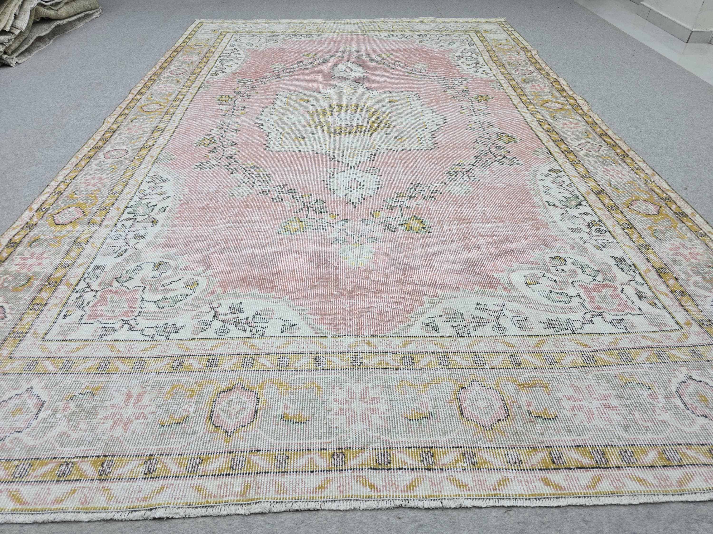 Muted Pink Vintage Oushak Rug 6'5"x9'8" | Neutral Turkish Area Rug Faded Boho Living Room