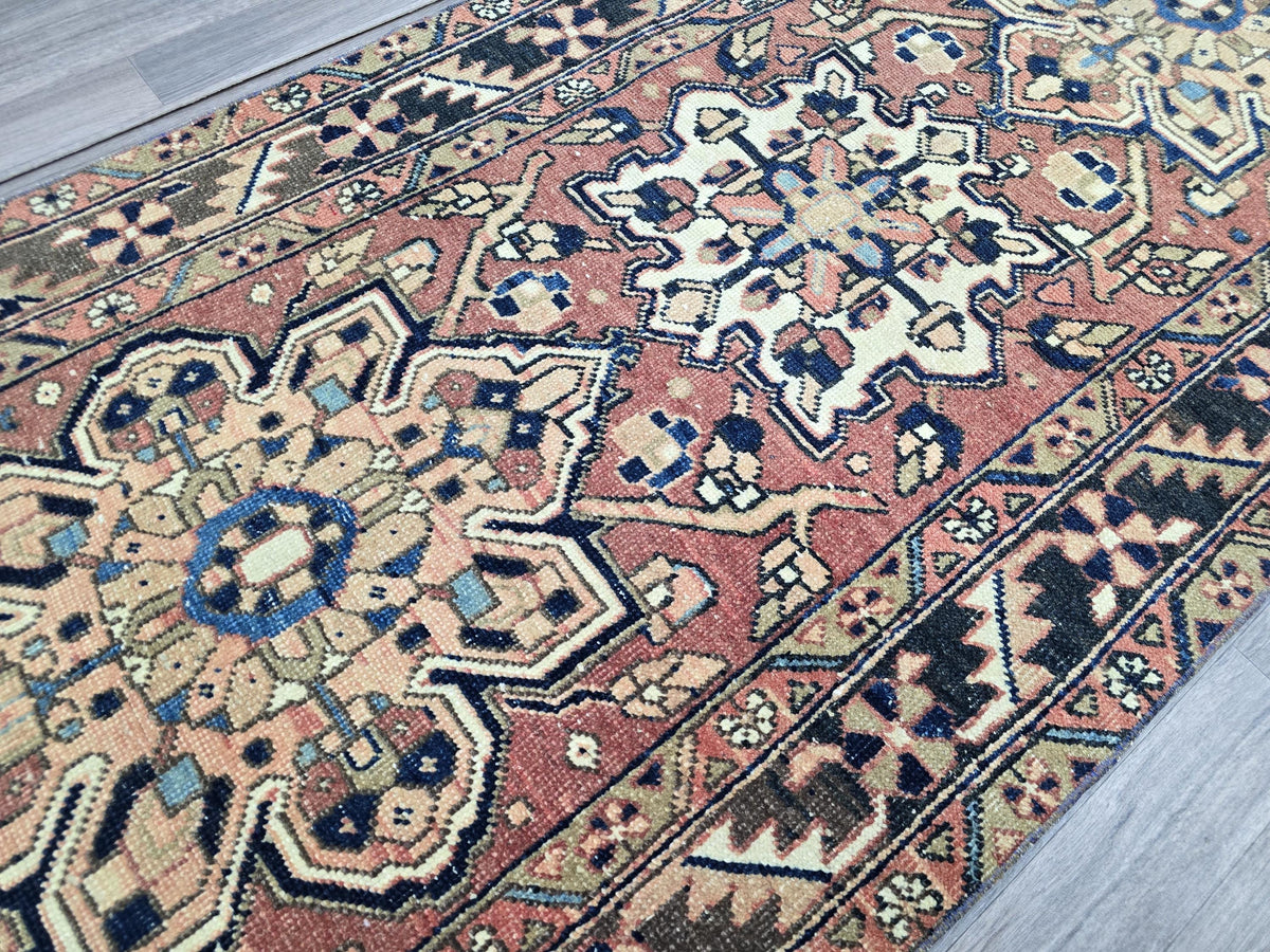 Antique Heriz Wool Runner: Hand-Knotted Pastel Hallway Rug (3.4' x 10.8')