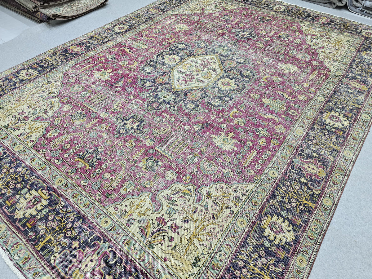 Hand Knotted Oushak Rug 9x13, Bold Magenta Floral Turkish Wool Carpet