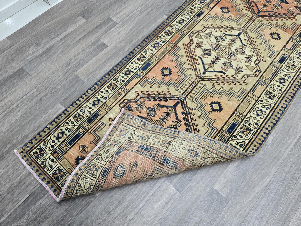 Vintage Heriz Wool Runner: Hand-Knotted Pastel Oushak Rug (3.40x13.30 ft)