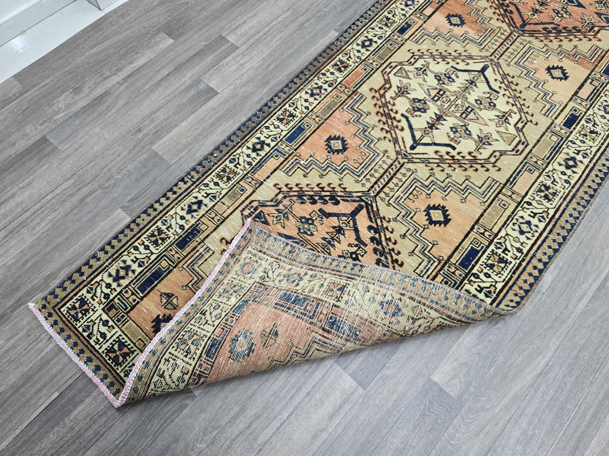 Vintage Heriz Wool Runner: Hand-Knotted Pastel Oushak Rug (3.40x13.30 ft)