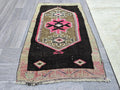 Vintage Turkish Wool Rug: Black & Pink Geometric Oushak Doormat (2x3 ft)