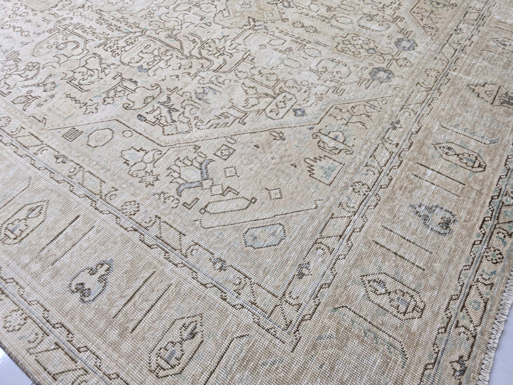 Oushak Rug 8x11, Faded Oatmeal Beige Turkish Area Rug with Soft Blue Accents, Hand Knotted Wool Carpet for Dining Room, Bedroom