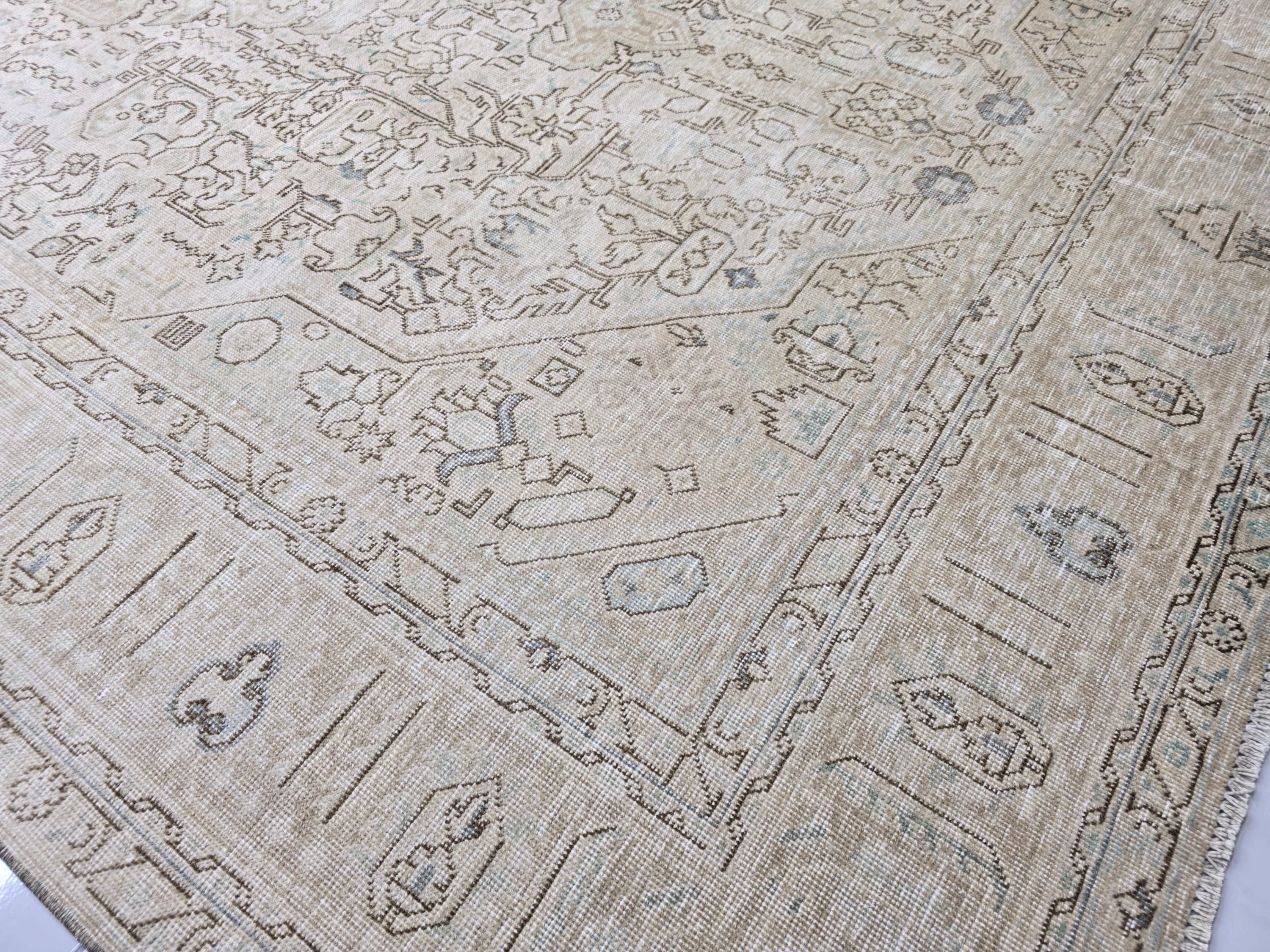 Oushak Rug 8x11, Faded Oatmeal Beige Turkish Area Rug with Soft Blue Accents, Hand Knotted Wool Carpet for Dining Room, Bedroom