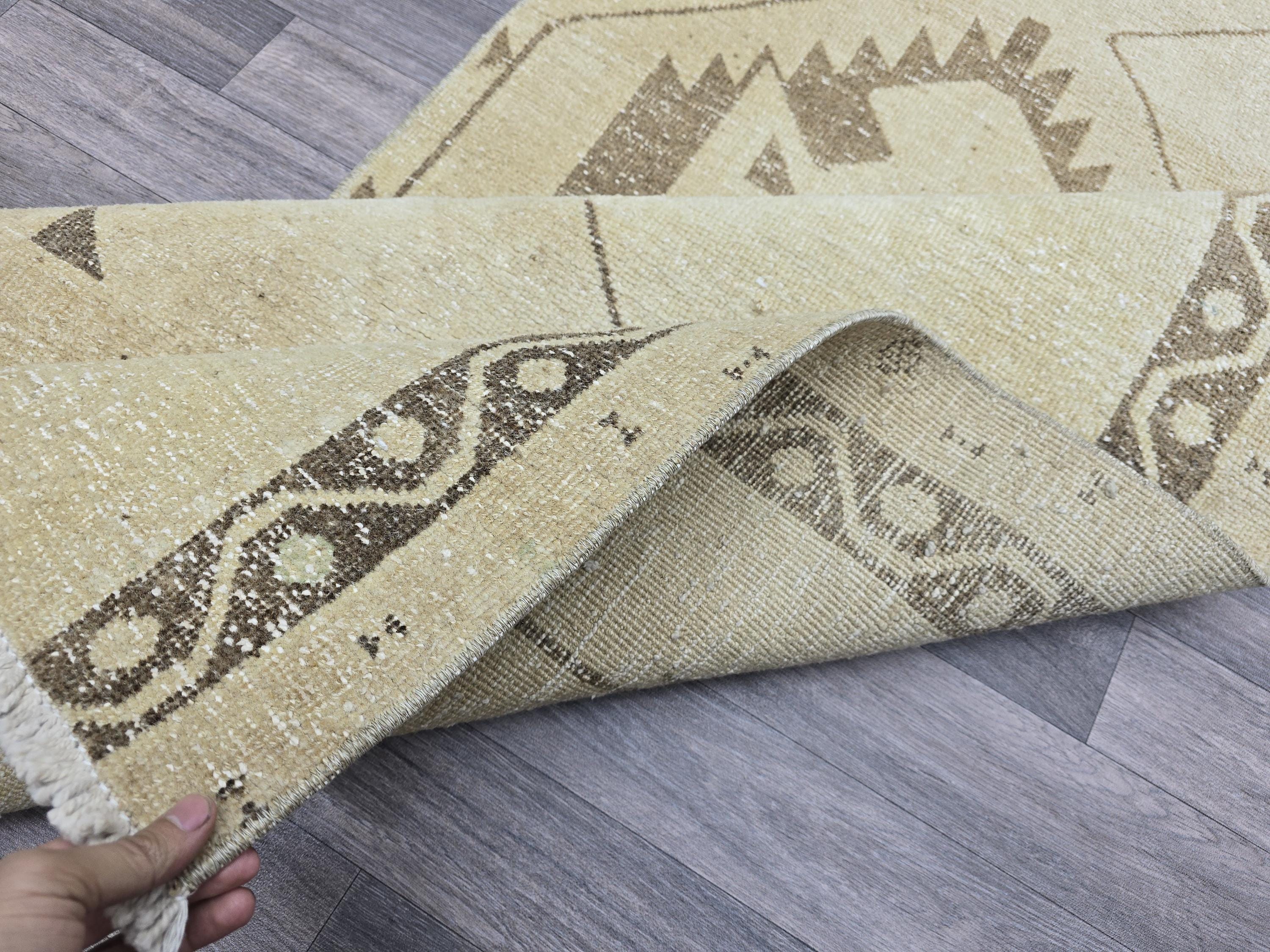 Vintage Anatolian Runner Rug: Cream Beige Wool Hallway Carpet (3.4x13.6 ft)